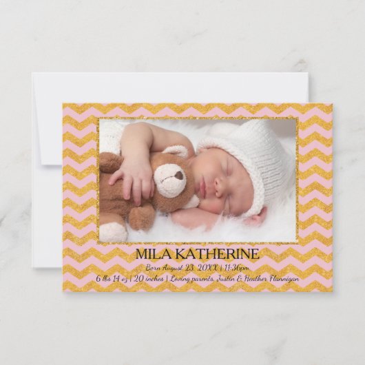 Roze/Gouden Glitter Chevron - Geboorteaankondiging Aankondiging (Voorkant)