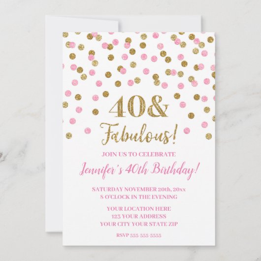 Roze Gouden Glitter Confetti 40 en Fabulous Kaart (Achterkant)