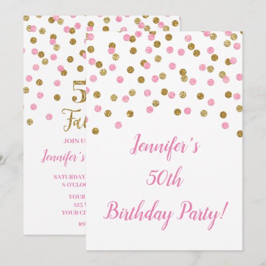 Roze Gouden Glitter Confetti 50 en Fabulous Kaart (Voorkant / Achterkant)