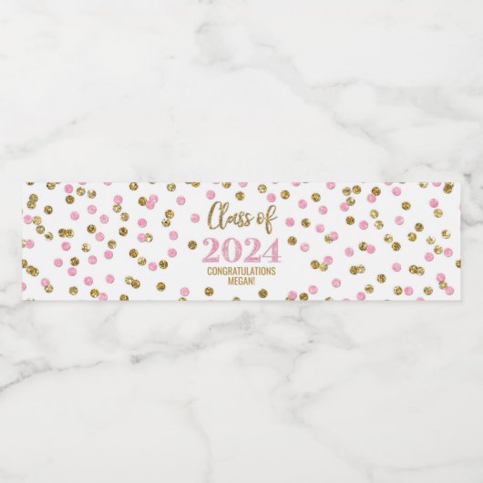 Roze Gouden Glitter Confetti Afstuderen Waterfles Etiket (Enkel label)