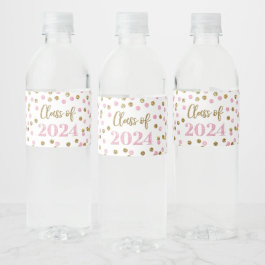 Roze Gouden Glitter Confetti Afstuderen Waterfles Etiket (Flessen)