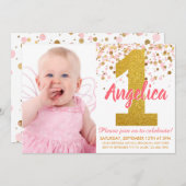 Roze Gouden Glitter Confetti Eerste Verjaardagsfot Kaart (Voorkant / Achterkant)