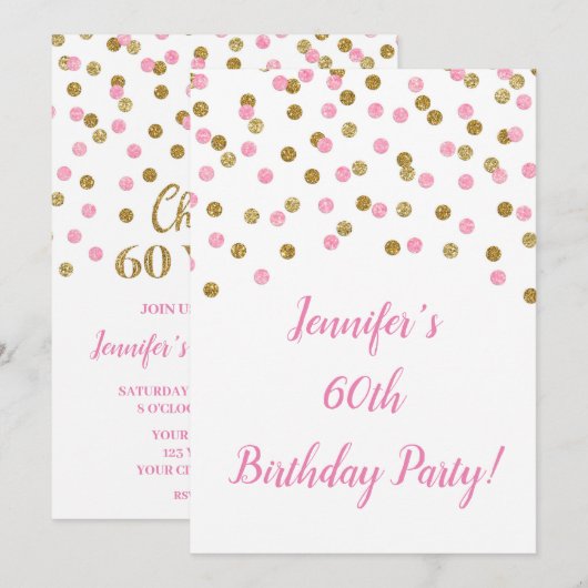 Roze Gouden Glitter Confetti Hoera voor 60 Jaar Kaart (Voorkant / Achterkant)