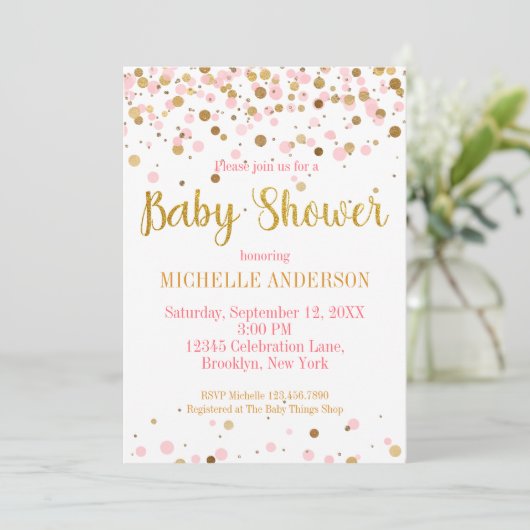 Roze Gouden Glitter Confetti Modern Baby shower Kaart (Staand voorkant)