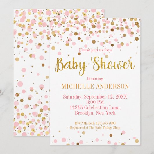Roze Gouden Glitter Confetti Modern Baby shower Kaart (Voorkant / Achterkant)