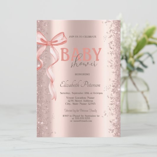 Roze Gouden Glitter Confetti Roze Strik Baby Showe Kaart (Staand voorkant)