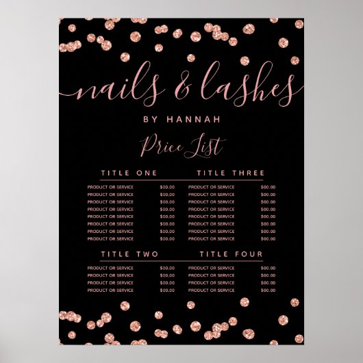 Roze Gouden Glitter Confetti Salon Prijsmenu Zwart Poster (Voorkant)