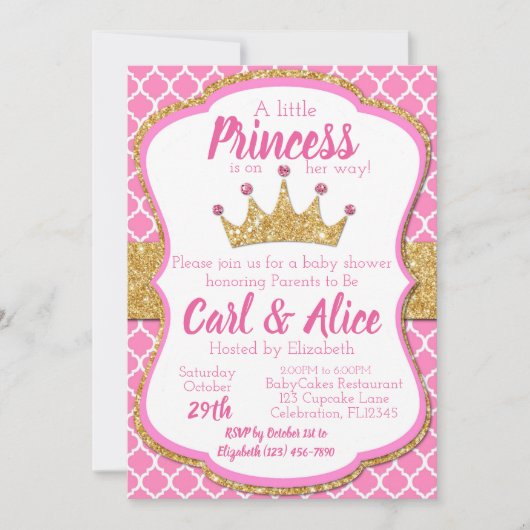 Roze & Gouden Glitter Crown Princess Baby shower Kaart (Voorkant)
