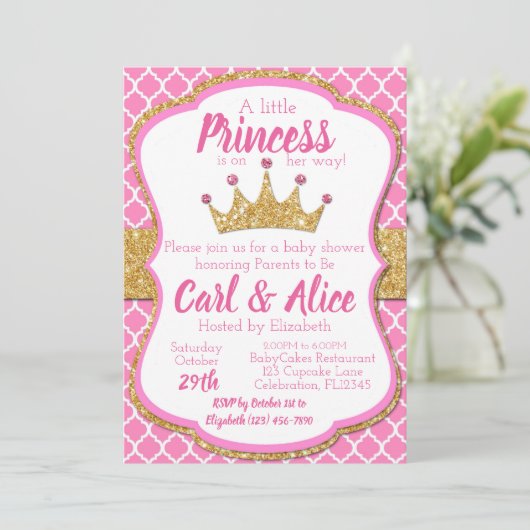 Roze & Gouden Glitter Crown Princess Baby shower Kaart (Staand voorkant)