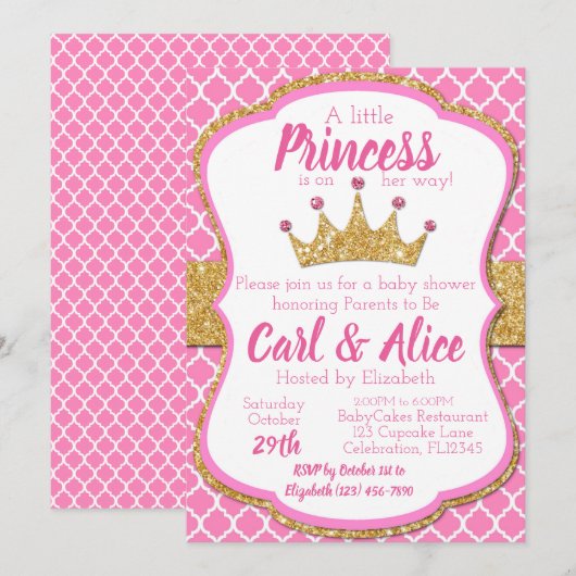 Roze & Gouden Glitter Crown Princess Baby shower Kaart (Voorkant / Achterkant)