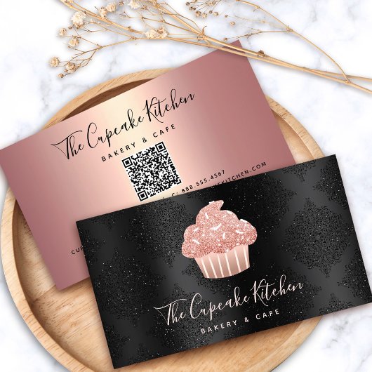 Roze Gouden Glitter Cupcake QR Code Bakkerij op Zw Visitekaartje