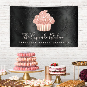 Roze Gouden Glitter Cupcake Zwarte Damast Krachtig Spandoek