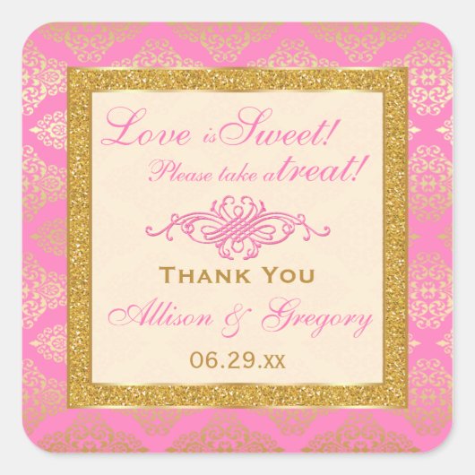 Roze Gouden Glitter, Damask Snoep Buffet Sticker (Voorkant)