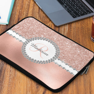 Roze Gouden Glitter Diamant Glam Monogram Laptop Sleeve