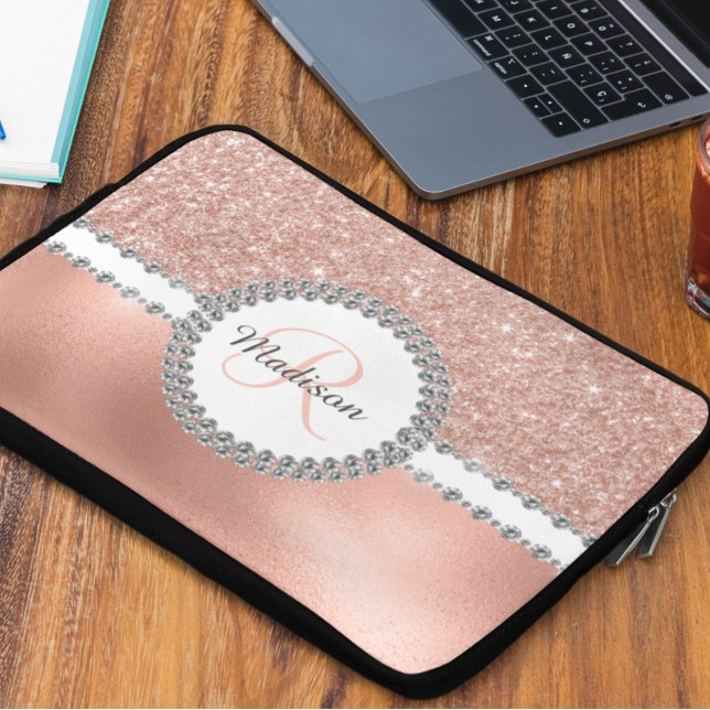 Roze Gouden Glitter Diamant Glam Monogram Laptop Sleeve (Creator heeft geüpload)