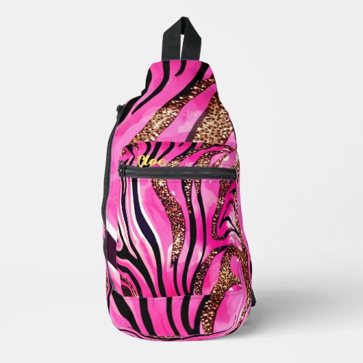 Roze & Gouden Glitter Dierlijke Strepen | Glam Saf Sling Bag (Voorkant)