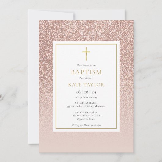 Roze Gouden Glitter Doop Christening Kaart (Voorkant)
