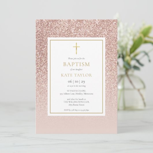 Roze Gouden Glitter Doop Christening Kaart (Staand voorkant)