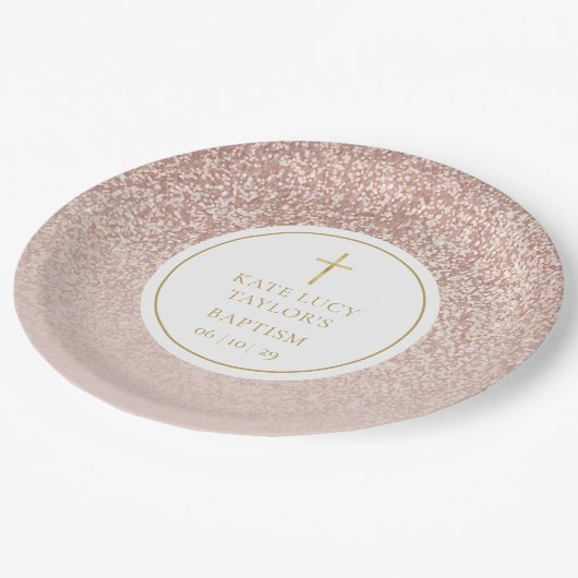 Roze Gouden Glitter Doop | Christening Papieren Bordje (Gekanteld)