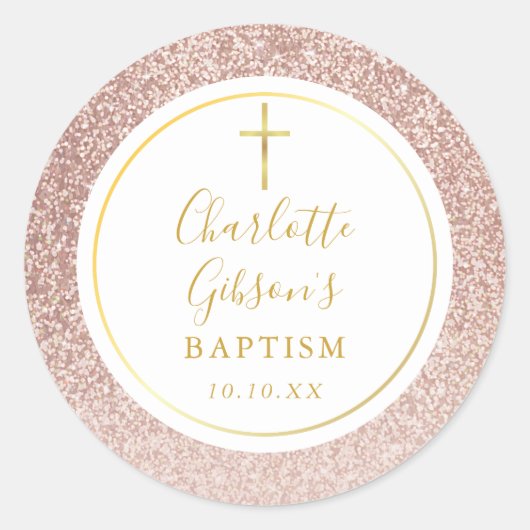 Roze Gouden Glitter Doop Christening Ronde Sticker (Voorkant)