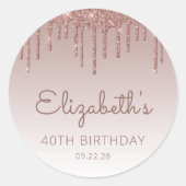 Roze Gouden Glitter Drip 40e Verjaardag Ronde Sticker (Voorkant)