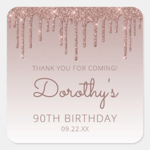Roze Gouden Glitter Drip 90e Verjaardag Bedankt Vierkante Sticker