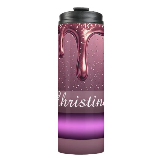 Roze Gouden Glitter Drip Aangepaste naam Thermosbeker (Voorkant)