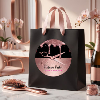 Roze Gouden Glitter Drip Kapsalon & Schaar Ronde Sticker