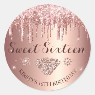Roze Gouden Glitter Drip Sweet Sixteen Ronde Sticker