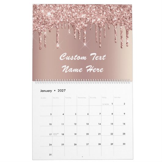 Roze Gouden Glitter Drips Kalender Aangepaste Teks (Jan 2027)