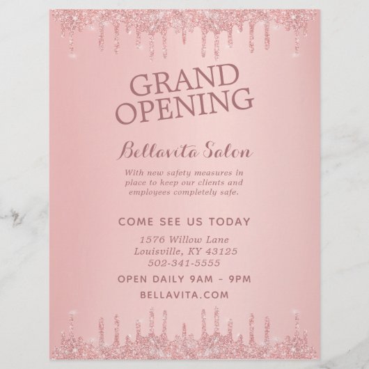 Roze Gouden Glitter Drips Salon Grand Opening Flyer (Voorkant)