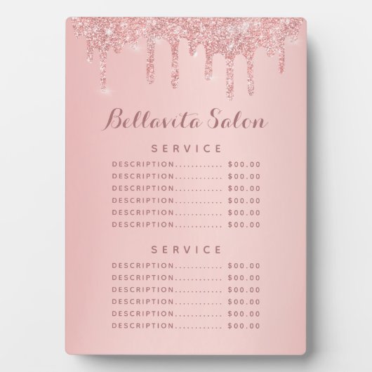 Roze Gouden Glitter Drips Salon Prijsmenu Bord Fotoplaat (voorkant)
