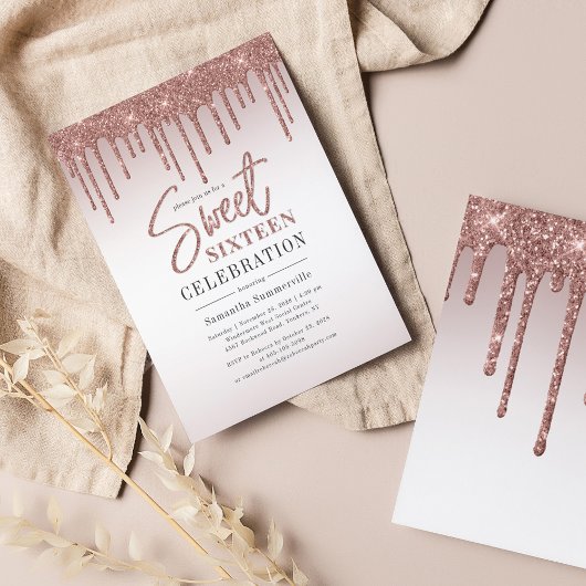 Roze Gouden Glitter Drips Script Sweet 16 Uitnodig