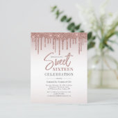 Roze Gouden Glitter Drips Script Sweet 16 Uitnodig (Staand voorkant)