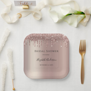 Roze Gouden Glitter Drup Glam Modieuze Bruiloftsfe Papieren Bordje