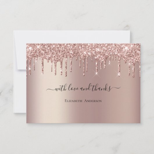 Roze Gouden Glitter Drup Glam Trendy Bruidsfeest Bedankkaart (Voorkant)