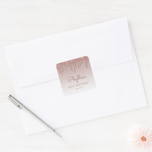 Roze Gouden Glitter Druppel 80ste Verjaardag Vierkante Sticker (Envelop)