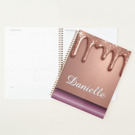 Roze Gouden Glitter Druppel Aangepaste Naam Monogr Planner (Display)