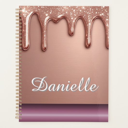 Roze Gouden Glitter Druppel Aangepaste Naam Monogr Planner (Voorkant)