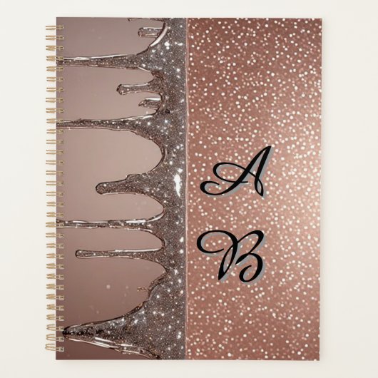 Roze Gouden Glitter Druppel Aangepaste Naam Monogr Planner (Voorkant)