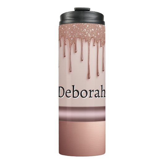 Roze Gouden Glitter Druppel Aangepaste naam Thermosbeker (Voorkant)