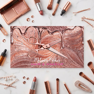 Roze Gouden Glitter Druppel Schaar Haar & Make-up Visitekaartje