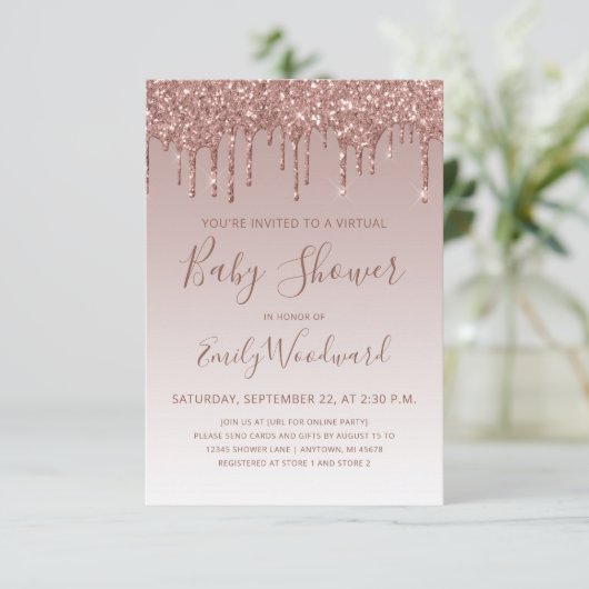Roze Gouden Glitter Druppel Virtuele Baby Shower Kaart (Staand voorkant)