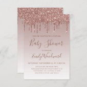 Roze Gouden Glitter Druppel Virtuele Baby Shower Kaart (Voorkant / Achterkant)