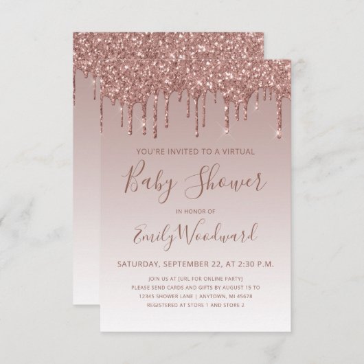 Roze Gouden Glitter Druppel Virtuele Baby Shower Kaart (Voorkant / Achterkant)