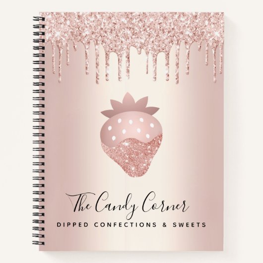 Roze Gouden Glitter Druppels Aardbei Snoepgoed Notitieboek (Voorkant)