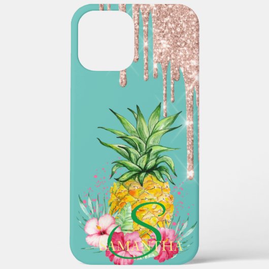 Roze Gouden Glitter Druppels Ananas Hibiscus Case-Mate iPhone Case (Achterkant)