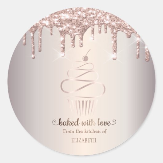 Roze Gouden Glitter Druppels Cupcake Bakkerij Ronde Sticker (Voorkant)