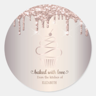 Roze Gouden Glitter Druppels Cupcake Bakkerij Ronde Sticker
