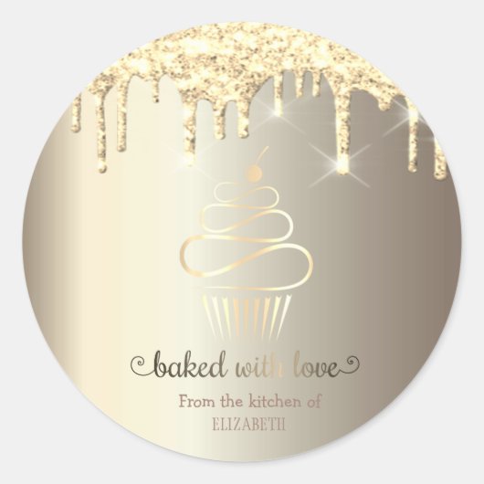 Roze Gouden Glitter Druppels Cupcake Keuken Ronde Sticker (Voorkant)